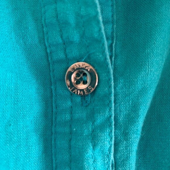 Emma James Linen-Cotton Blend Button Front Roll Tab Shirt M Turquoise 128E - Picture 6 of 9